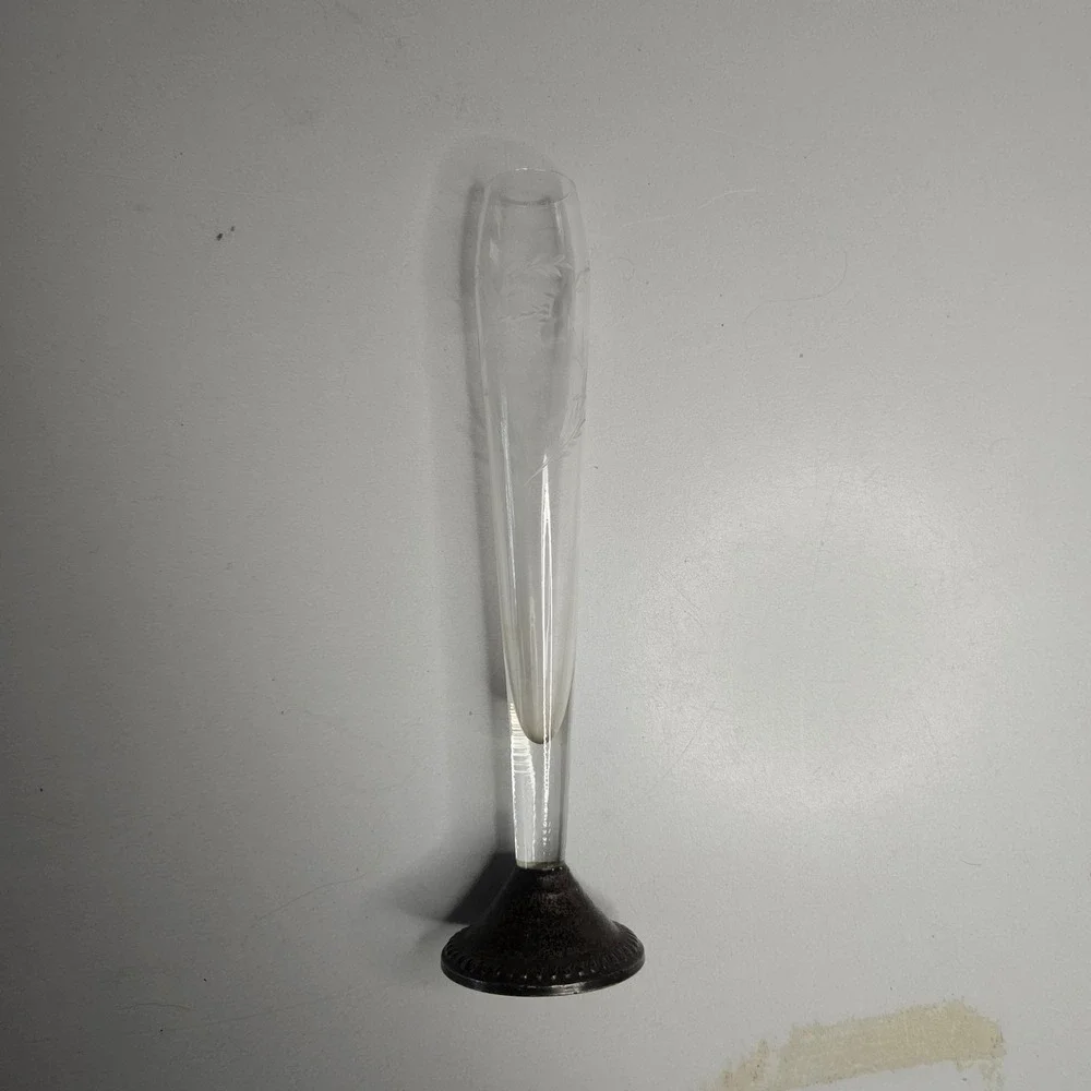 Duchin Creation Sterling Silver Weighted Base Etched Glass Bud Vase Vintage 50s‎